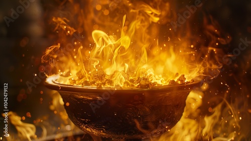 Fiery Embers in a Metal Bowl: A Close-Up of Burning Flames