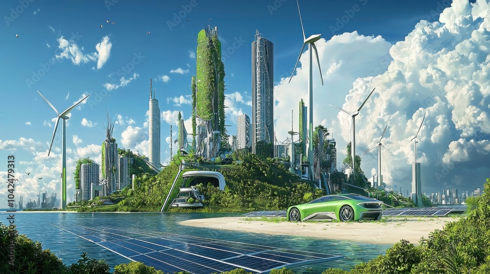 Fototapeta premium Sustainable Future City: Embracing Green Energy and Eco-Friendly Living