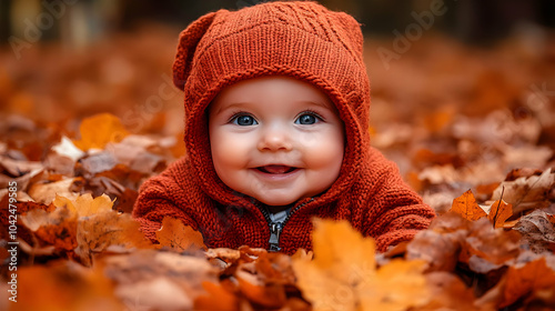 A smiling baby in an orange...