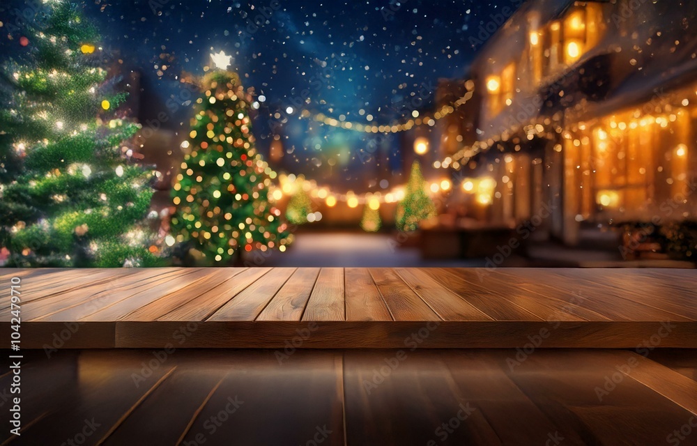 Wooden table top with blurred background of a snowy night with Christmas trees and lights. Wooden table top with blurred background of a snowy night with Christmas trees and lights.