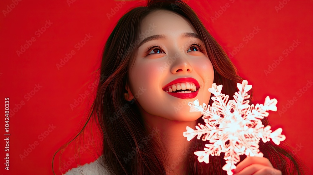 Fototapeta premium Joyful Girl Celebrating Christmas with Snowflake