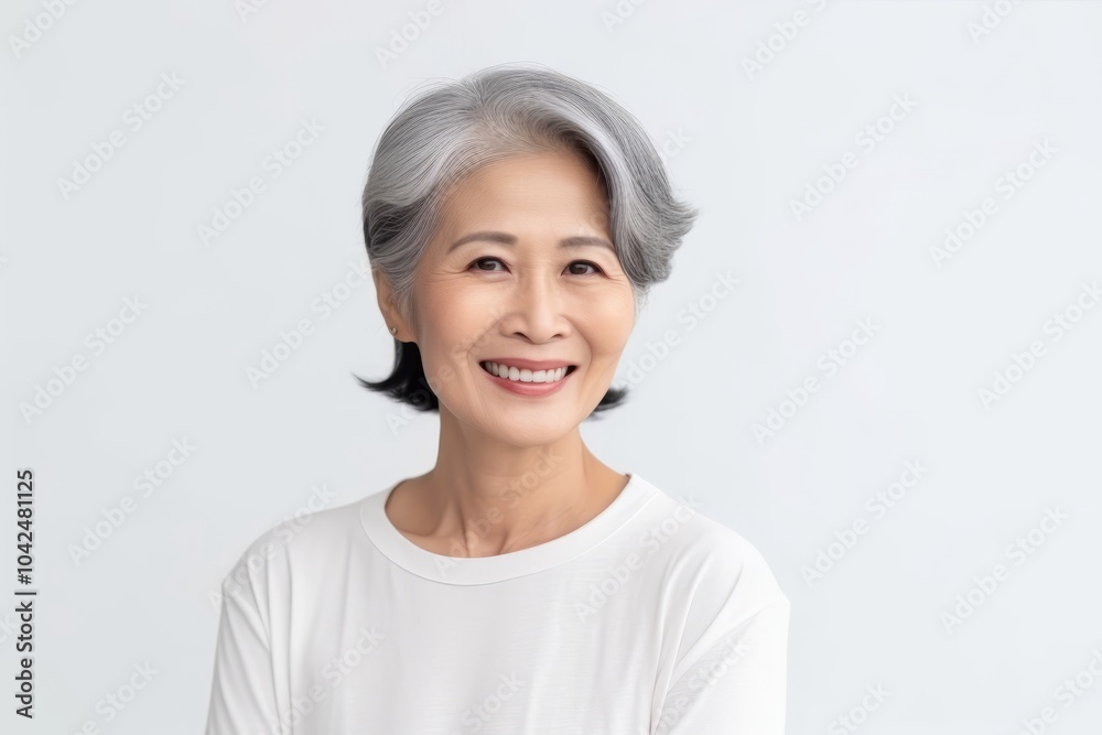 happy asian senior woman with grey hair and white t-shirt happy asian senior woman with grey hair and white t-shirt