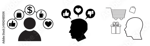 Customer behavior icons set. How customers choose, buy, use and consume goods or services to meet customer needs and desires.