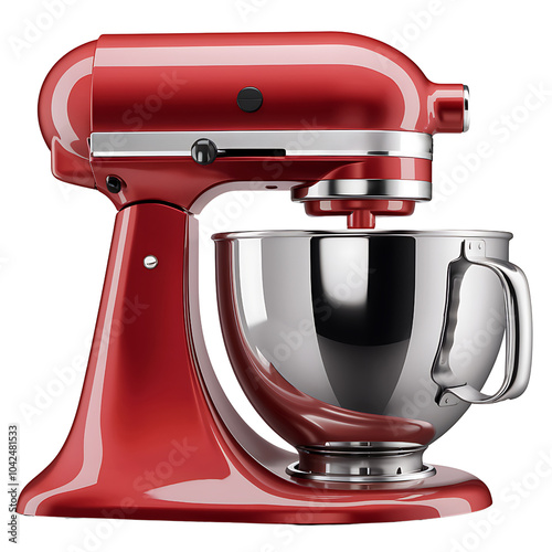 red KitchenAid stand mixer with a stainless steel bowl isolated on transparent background