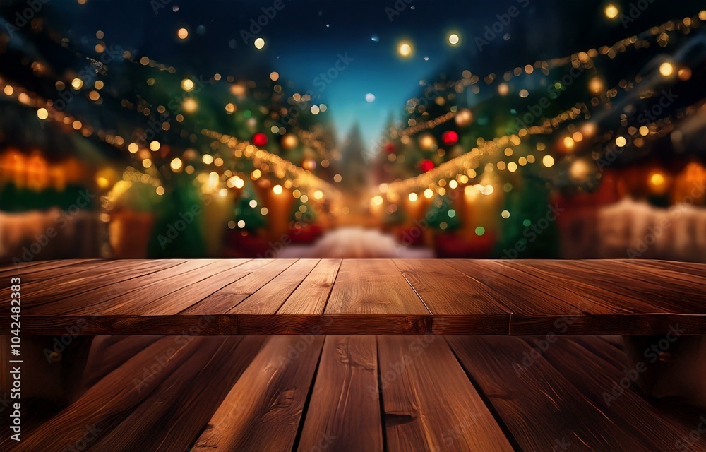 A wooden table with a blurred festive background of lights and greenery. A wooden table with a blurred festive background of lights and greenery.