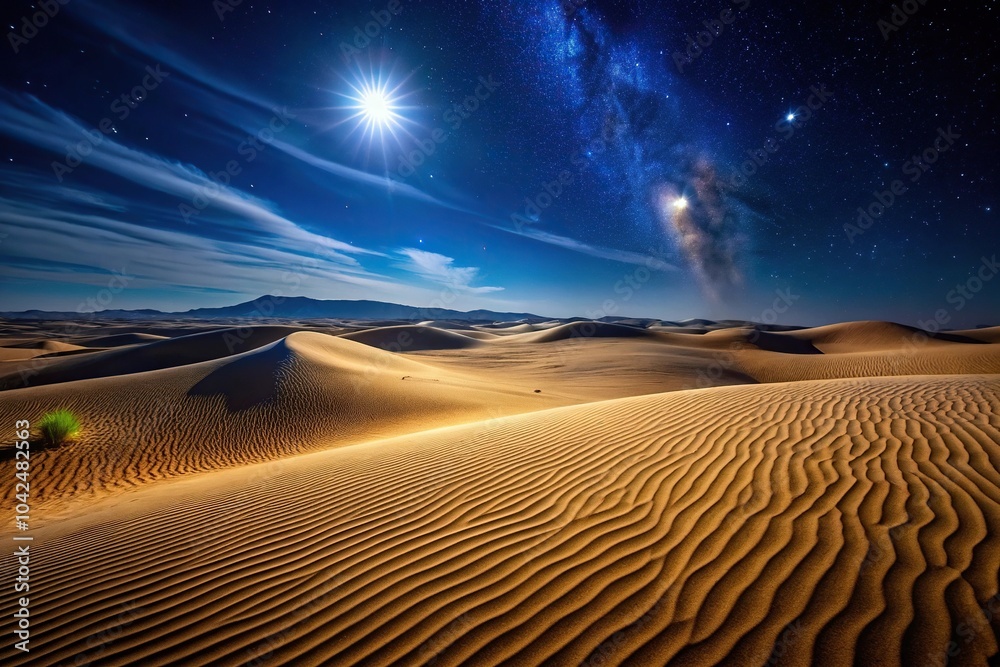 Naklejka premium Desert night scene with sand dunes reflecting the moonlight on the water surface, creating a mesmerizing landscape