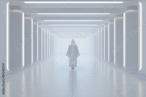 A figure in a white cloak walks through a futuristic, illuminated corridor.