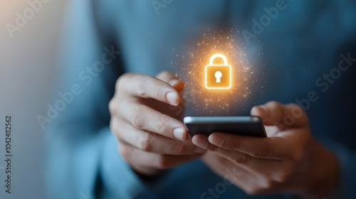 Hand holding a smartphone with a glowing lock icon on the screen symbolizing secure mobile access and data encryption for personal and business use