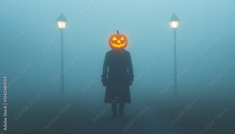 A figure with a pumpkin head stands in fog between street lamps. A figure with a pumpkin head stands in fog between street lamps.