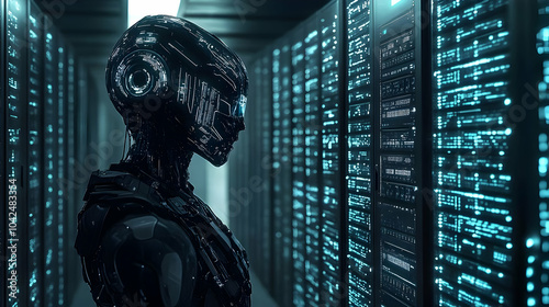 A futuristic robot stands i...