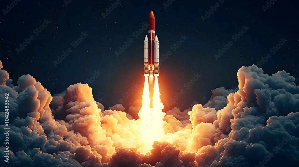 Fototapeta premium A rocket launching through clouds, symbolizing space exploration.