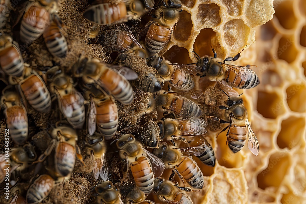 Honey bees gather and work diligently on their honeycomb in a vibrant hive during a sunny afternoon. Generative AI Honey bees gather and work diligently on their honeycomb in a vibrant hive during a sunny afternoon. Generative AI