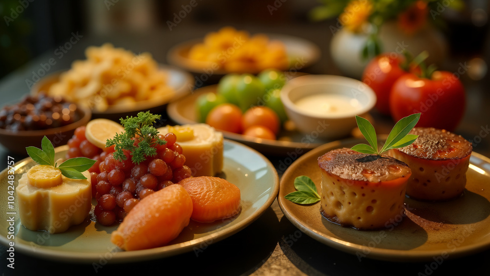 An Enticing Culinary Display of Beautifully Arranged Foods on Elegant Plates, Inviting Indulgence for the Senses An Enticing Culinary Display of Beautifully Arranged Foods on Elegant Plates, Inviting Indulgence for the Senses