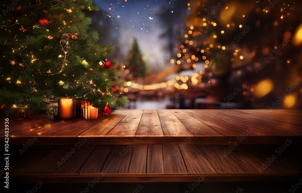 A wooden table sits in front of a glowing Christmas tree with a snowy, blurry background. A wooden table sits in front of a glowing Christmas tree with a snowy, blurry background.