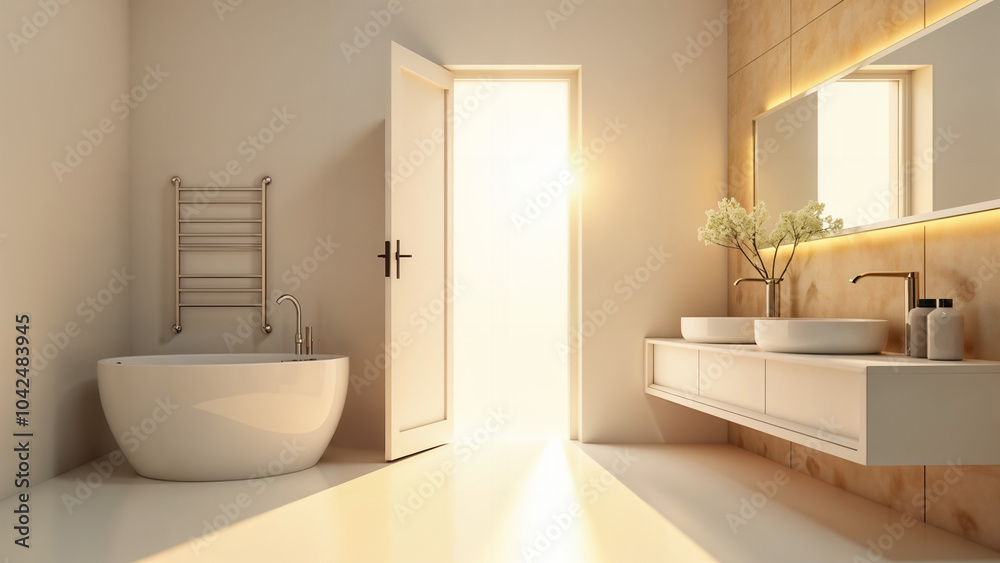 A Bright and Sunny Modern Bathroom with an Open Door Showcasing Unique Design Elements That Blend Functionality and Elegance for Daily Routines A Bright and Sunny Modern Bathroom with an Open Door Showcasing Unique Design Elements That Blend Functionality and Elegance for Daily Routines