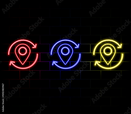 Neon map pin icon. Glowing neon marker sign, outline pointer pictogram in vivid color. Navigation mark, destination point, location marker, address place. Vector icon set