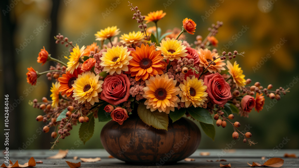 A Breathtaking Display of Autumn Colors in a Floral Arrangement on a Rustic Fruit Stand A Breathtaking Display of Autumn Colors in a Floral Arrangement on a Rustic Fruit Stand
