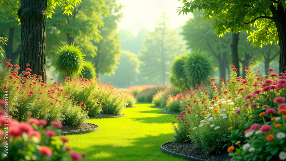 Fototapeta premium A Nature's Haven: A Vibrant and Picturesque Garden Bursting with Floral Beauty