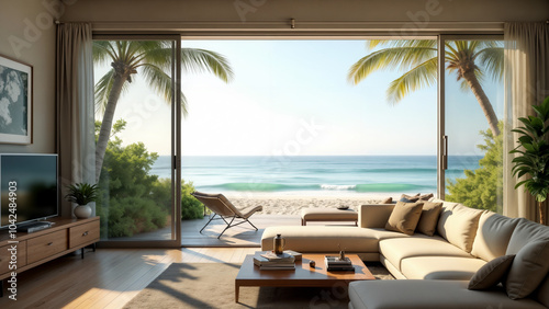 A Cozy Retreat - A Living Room with Large Windows Overlooking a Scenic Beach Underneath Nature's Beauty