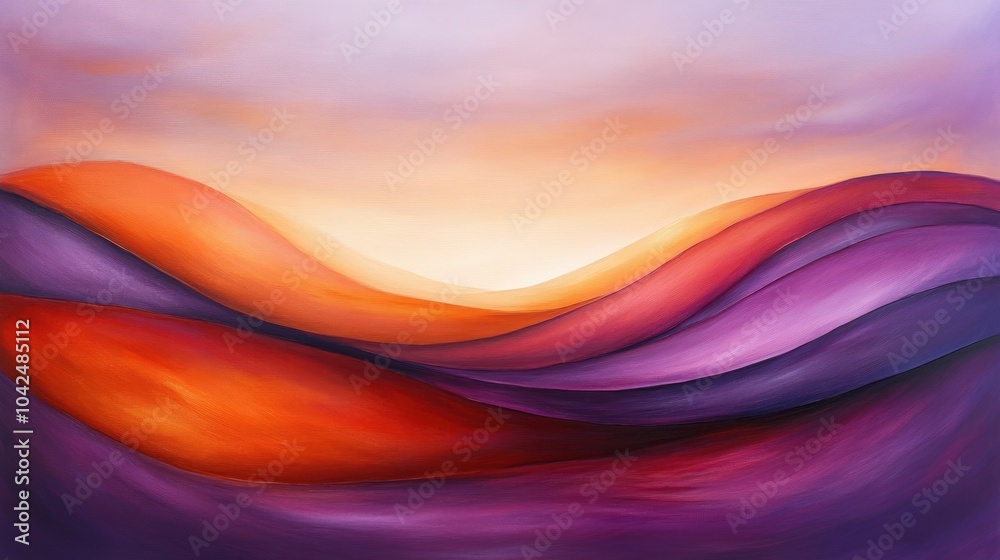 Abstract painting of flowing, colorful hills under a sunset sky. Abstract painting of flowing, colorful hills under a sunset sky.
