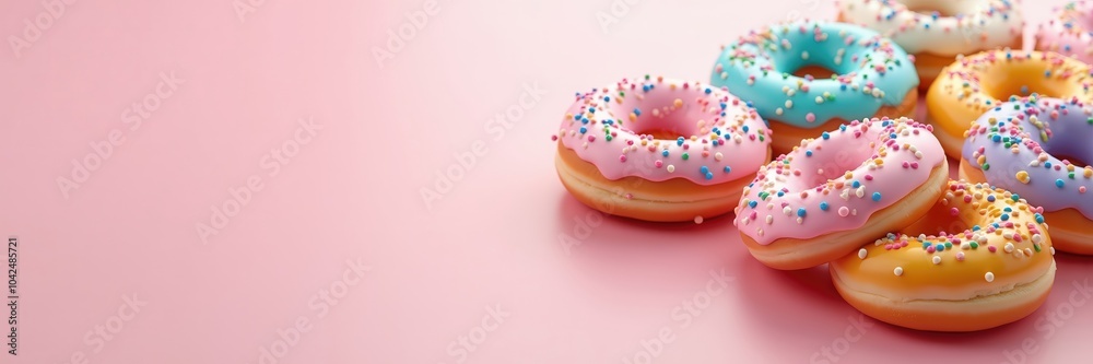Colorful donuts with sprinkles on a pink background, perfect for dessert menus, bakery promotions, or sweet themed marketing materials.