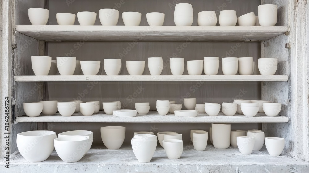 Elegant Display of White Ceramic Pottery on Shelves Elegant Display of White Ceramic Pottery on Shelves