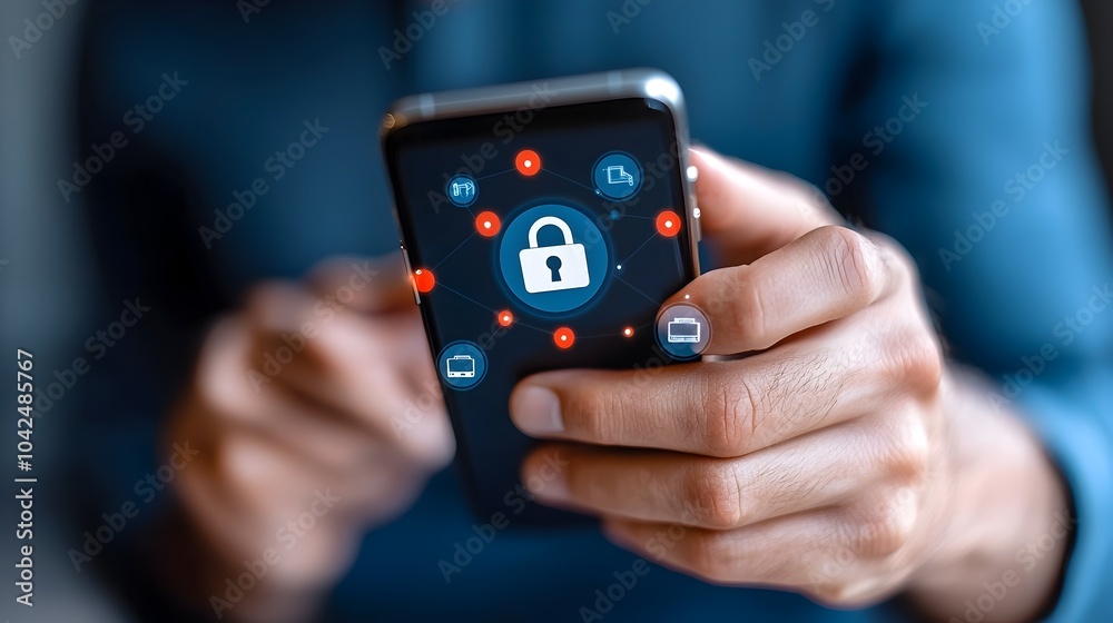 Fototapeta premium Hand Holding Smartphone with Lock Icon Displayed on Screen Symbolizing Cyber Security Privacy Protection and Mobile Data Encryption Technology