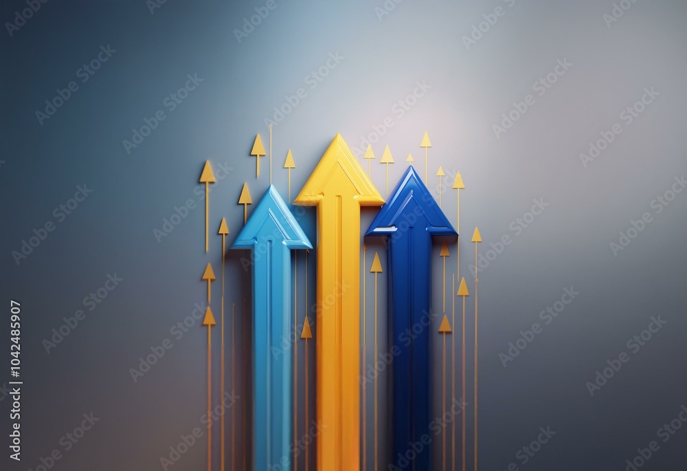 Three glossy arrows, two blue and one yellow, point upwards in front of ...