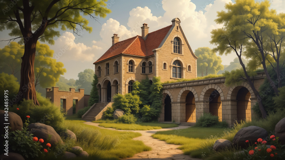 An Artistic Depiction of an Old Building with Intricate Architecture and History Blended with Nature An Artistic Depiction of an Old Building with Intricate Architecture and History Blended with Nature