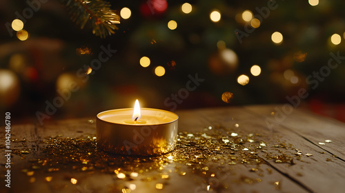 una mesa de madera con un fondo navideño con luces encendidas decorativas con una vela encendida aromatica con espacio de copia