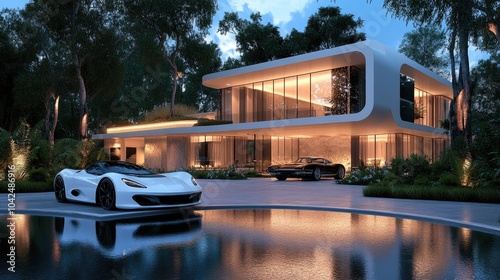 Wallpaper Mural Sports car in front of a stunning modern mansion, capturing the essence of wealth, success, and a high-end lifestyle Torontodigital.ca