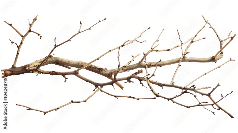 Dry tree branches isolated on white background - a stark and delicate sight. This image presents dry tree branches standing out against a pure white backdrop Dry tree branches isolated on white background - a stark and delicate sight. This image presents dry tree branches standing out against a pure white backdrop