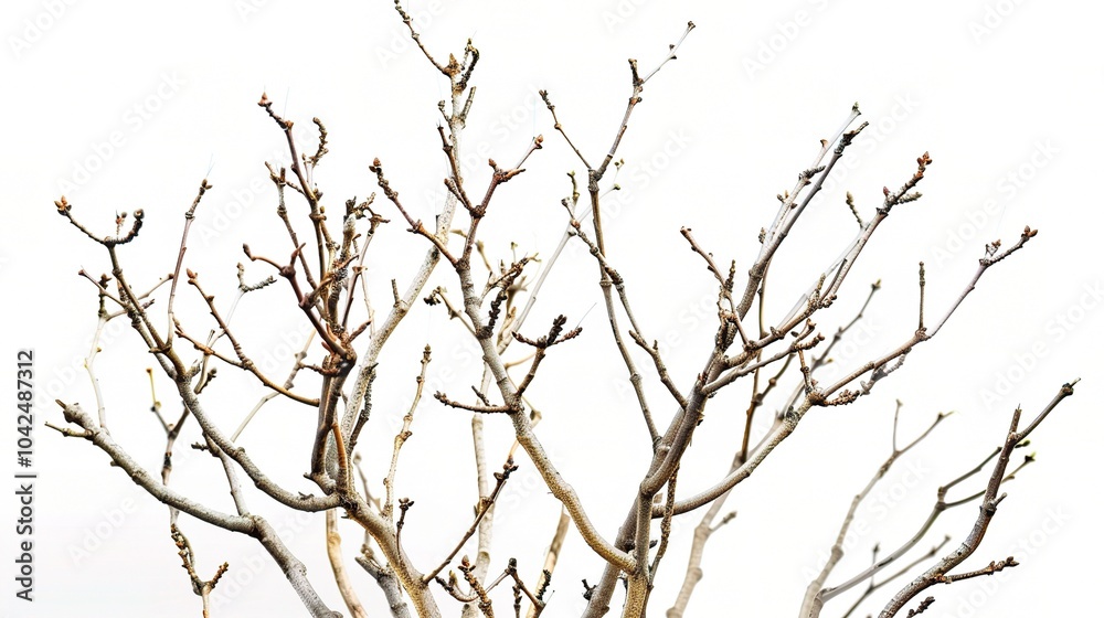 Dry tree branches isolated on white background - a stark and delicate sight. This image presents dry tree branches standing out against a pure white backdrop Dry tree branches isolated on white background - a stark and delicate sight. This image presents dry tree branches standing out against a pure white backdrop