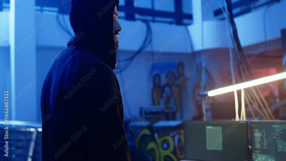 Hacker arriving in underground base, ready to do computer sabotage using encryption trojan ransomware. Cybercriminal starting hacking process, ransoming stolen data from victims, camera A Hacker arriving in underground base, ready to do computer sabotage using encryption trojan ransomware. Cybercriminal starting hacking process, ransoming stolen data from victims, camera A