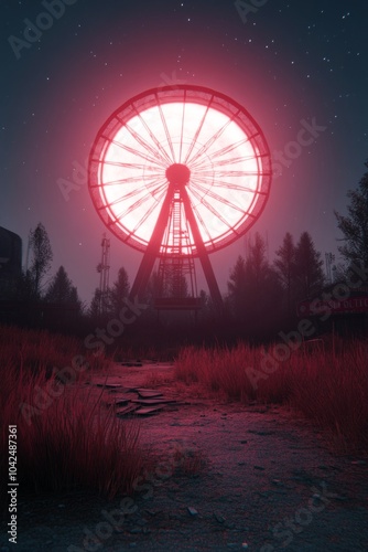 A glowing Ferris wheel at night surrounded by overgrown grass and trees.