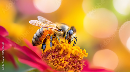 una abeja tomando el polen de una flor para hacer la polinizacion y la produccion de la miel alimento natural y saludable