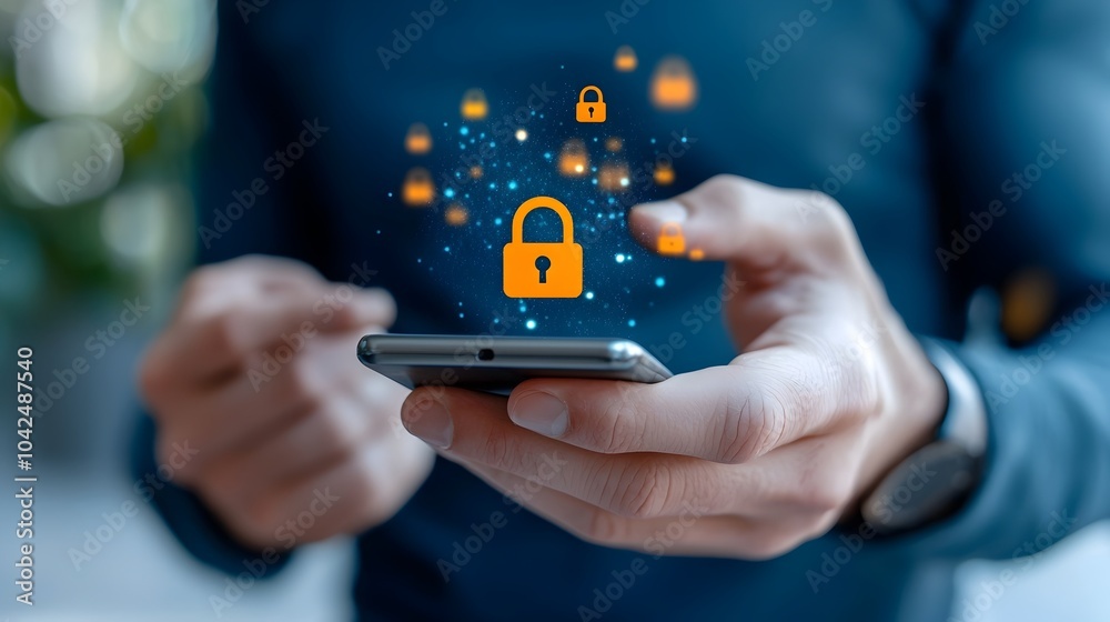 Secure Mobile Data Protection with Phone Lock Symbol Conceptual Image of a Man s Hand Holding a Smart Phone with a Bright Lock Icon Emphasizing Cybersecurity and Privacy for Digital Devices Secure Mobile Data Protection with Phone Lock Symbol Conceptual Image of a Man s Hand Holding a Smart Phone with a Bright Lock Icon Emphasizing Cybersecurity and Privacy for Digital Devices