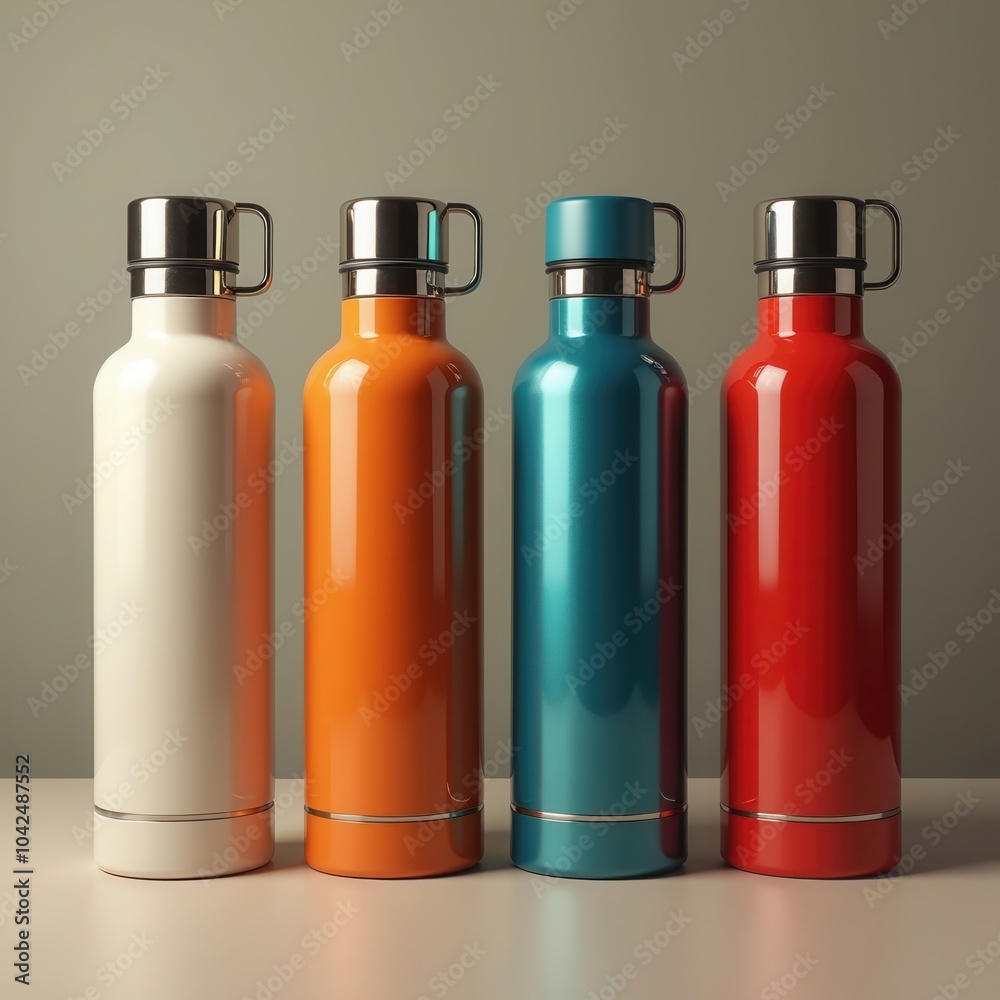 A vibrant collection of stylish stainless steel water bottles in various colors, perfect for promoting sustainability and health focused lifestyle choices.