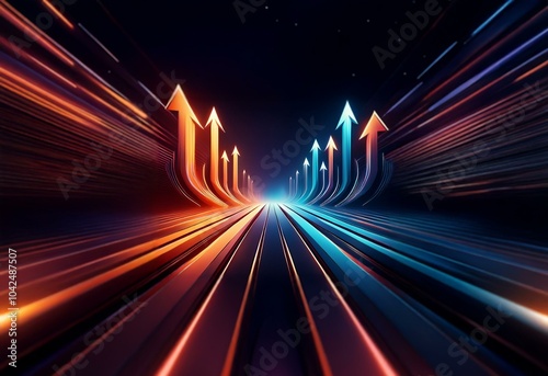 Multiple glowing arrows point upwards, forming a path of bright lines on a dark background.