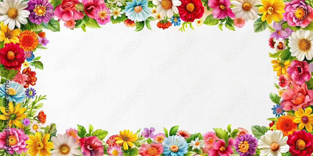 Detailed aerial view of empty white paper with floral decorations border Detailed aerial view of empty white paper with floral decorations border