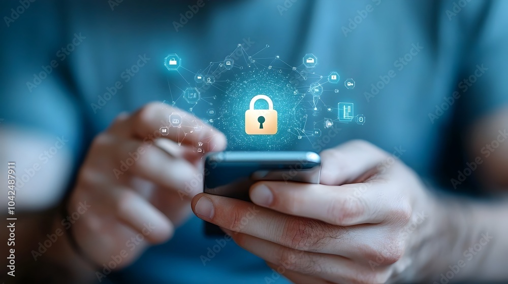 Obraz premium Modern cyber security concept featuring a person holding a smartphone with a glowing lock icon surrounded by digital security visuals and elements