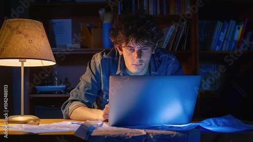 Cartographer Analyzing Cadastral Map on Laptop at Workplace photo