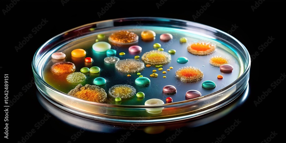 Different colored colonies of bacteria isolated on agar plate Different colored colonies of bacteria isolated on agar plate