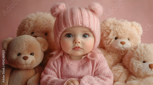 A baby in a pink hat surrou...