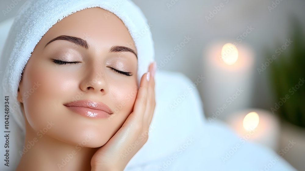Serene woman lying on a spa bed enjoying a soothing facial treatment with a soft relaxing ambiance surrounding her The image conveys a sense of tranquility self care Serene woman lying on a spa bed enjoying a soothing facial treatment with a soft relaxing ambiance surrounding her The image conveys a sense of tranquility self care