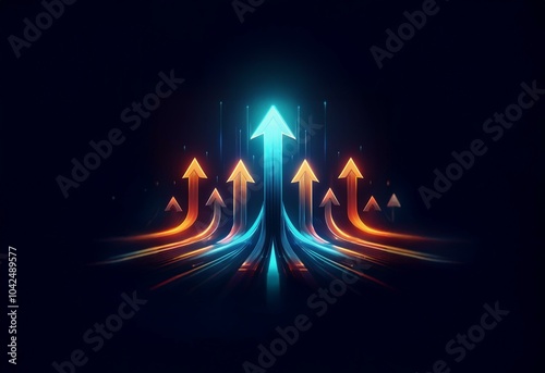 Glowing arrows point upward with a blue and orange light trail on a dark background.