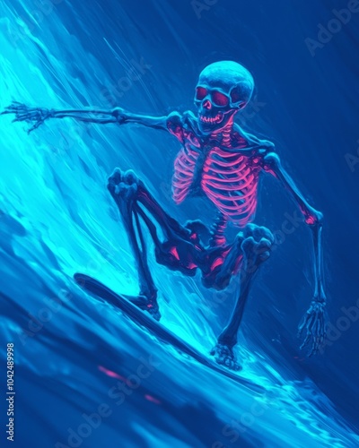 A glowing skeleton surfing on a vibrant wave.