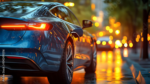 A sleek blue car parked on ...