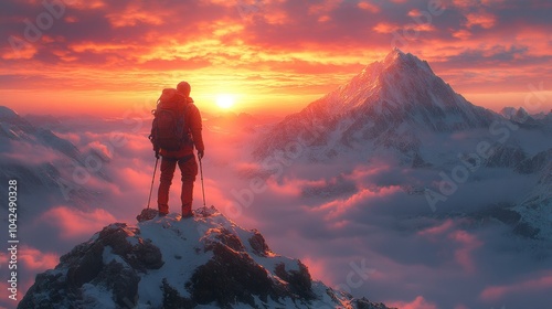 Joven fuerte y escalador en la cumbre o cima de una gran montaña observando el horizonte y el logro. photo