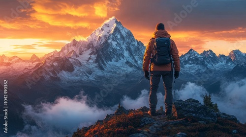 Joven fuerte y escalador en la cumbre o cima de una gran montaña observando el horizonte y el logro.